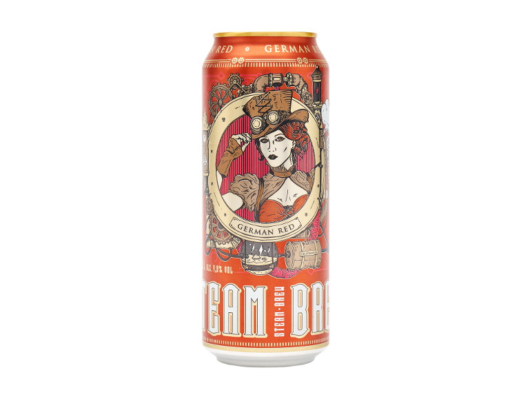 Lattina di birra rossa stile steampunk con donna e ingranaggi, testo 'GERMAN RED'.