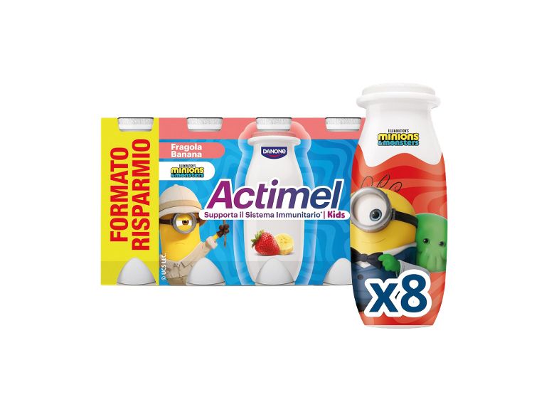 DANONE Actimel Minions & Monsters, bevanda fragola-banana, 8 pezzi.