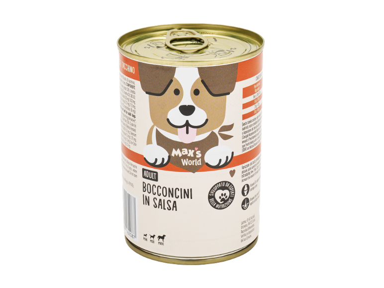 Lattina di cibo per cani adulti con tacchino in salsa, con l'immagine di un cane.