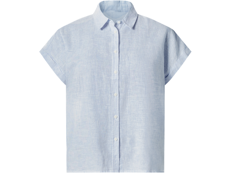 Camicia di lino da donna a maniche corte a righe blu e bianche