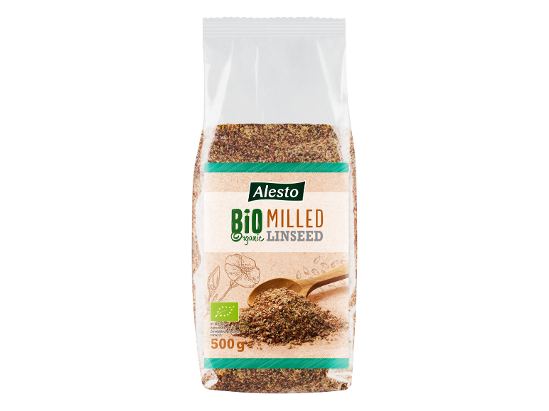 Semi di lino macinati biologici in una busta trasparente, 500g.