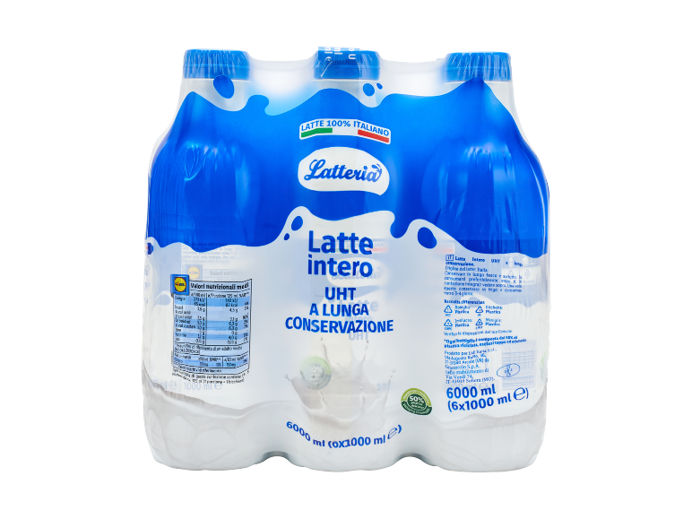 Confezione da sei bottiglie di latte intero UHT a lunga conservazione.