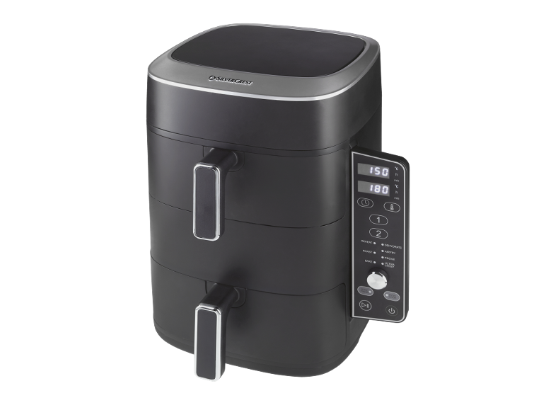 Friggitrice ad aria a doppio cestello con display digitale per temperatura e modalità di cottura.