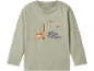 Maglietta verde a maniche lunghe con dinosauri e la scritta 'Have a RAWR-SOME day!'.