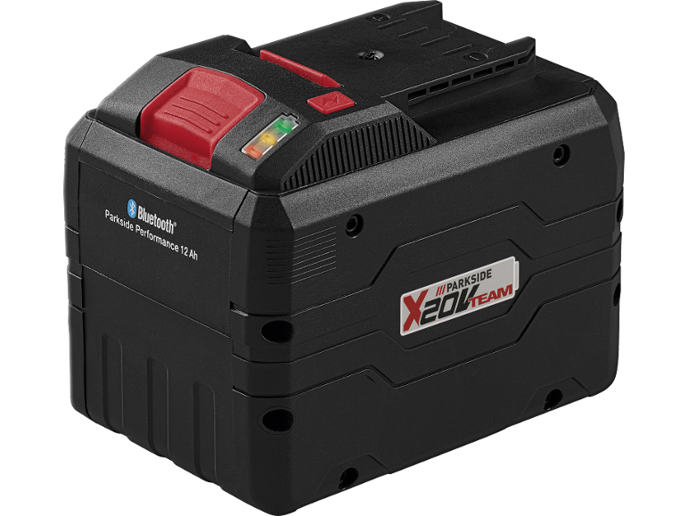 Batteria per utensili elettrici nera con pulsante rosso, indicatore di carica e logo X20V Team.