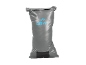 Borsa impermeabile grigia con logo blu e finestra nera in basso.