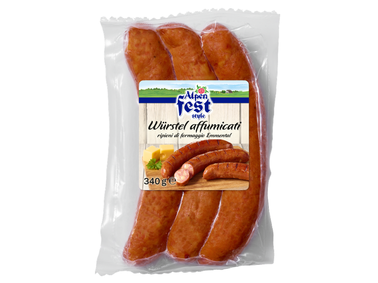 Wurstel affumicati ripieni di formaggio Emmental, confezione da 340g.