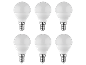 Sei lampadine LED bianche E14 a vite su sfondo nero.
