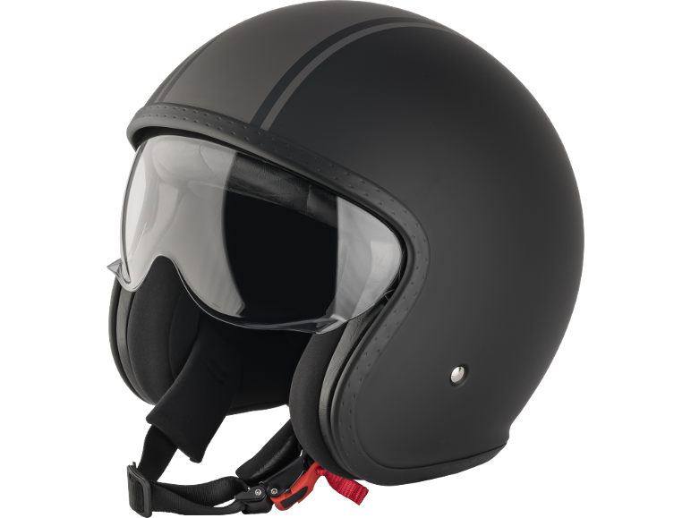 Casco da moto nero con visiera e strisce grigie.