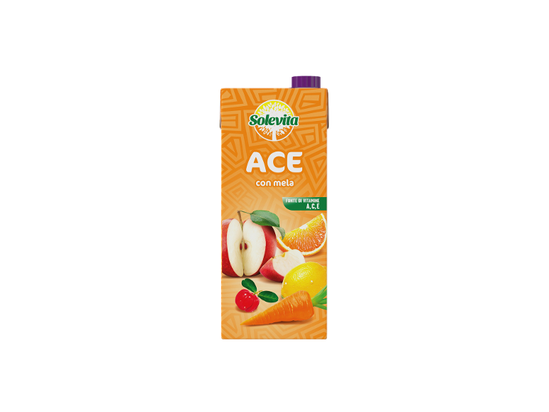 Succo di frutta ACE con mela, arancia, limone, ciliegia e carota, fonte di vitamine A, C, E.