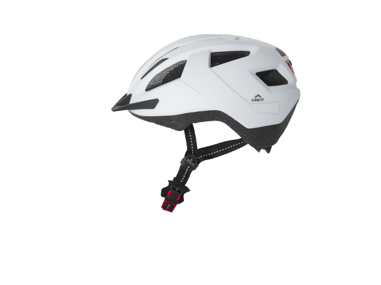 Casco da bicicletta bianco con visiera nera e cinturino.