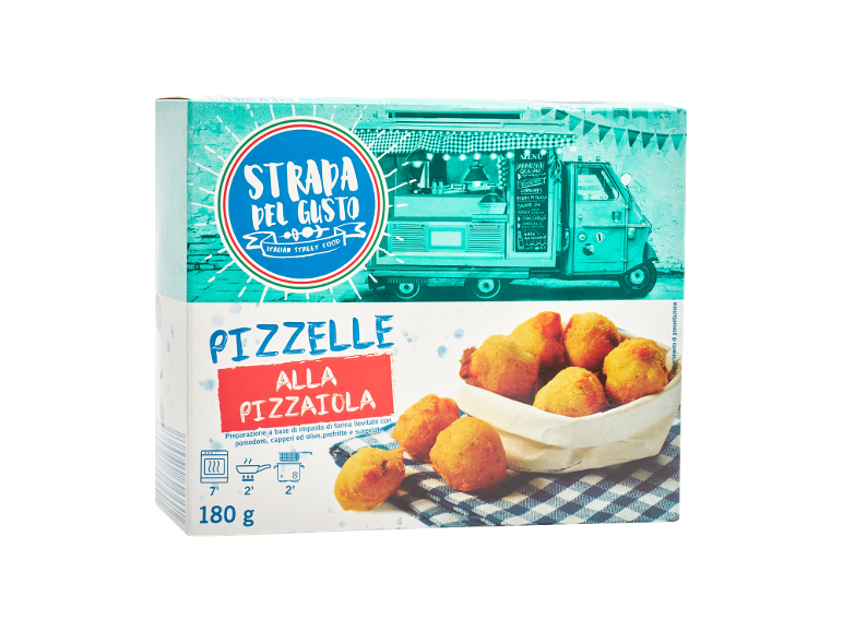 Scatola di pizzelle alla pizzaiola, con un food truck italiano sullo sfondo.