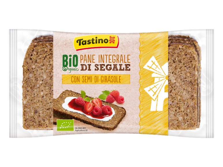 Confezione di pane integrale di segale biologico con semi di girasole.