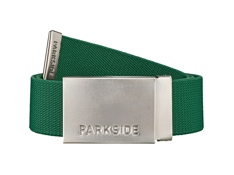 Cintura in tessuto verde con fibbia argentata con la scritta 'PARKSIDE'.