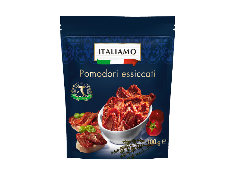 Confezione di pomodori secchi con bruschetta e pomodori freschi.