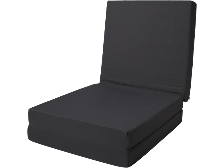Materasso pieghevole grigio scuro che si trasforma in seduta o letto.