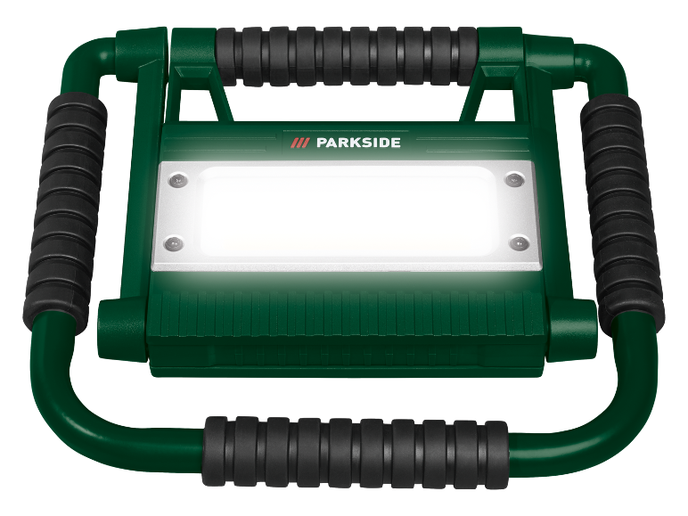 Faro da lavoro verde con illuminazione bianca e maniglie nere.