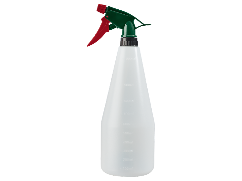 Flacone spray in plastica bianca con testa verde e grilletto rosso, con scala graduata.