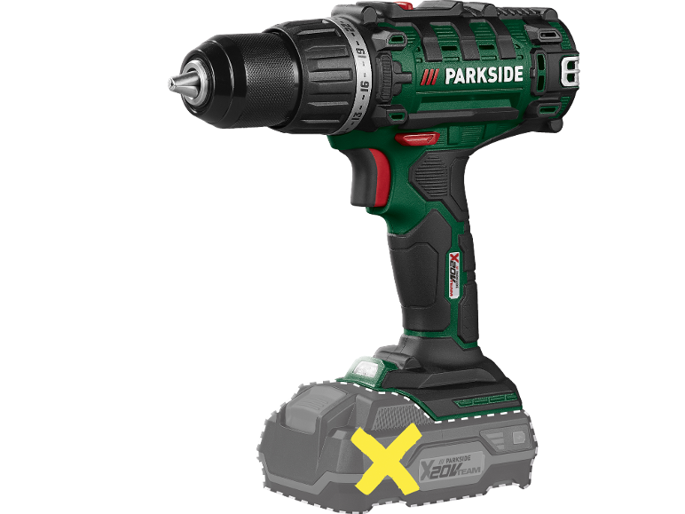 Trapano a batteria verde e nero con batteria, con un simbolo X giallo sulla batteria.