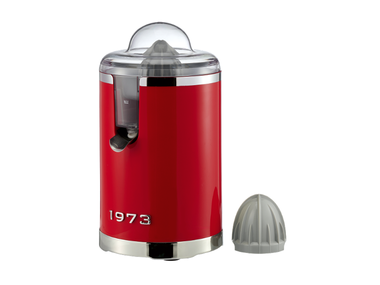 Spremiagrumi rosso con la scritta '1973' e un cono staccabile.