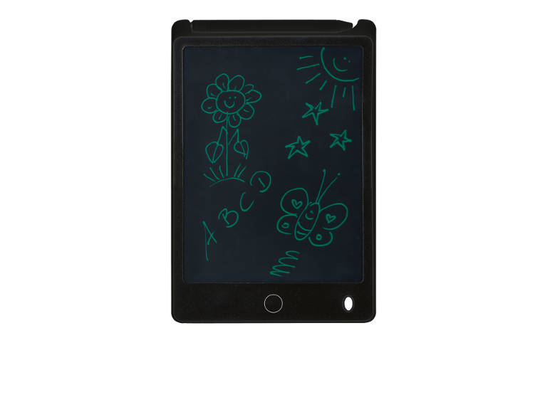 Tavoletta di scrittura LCD nera con disegni e lettere per bambini.