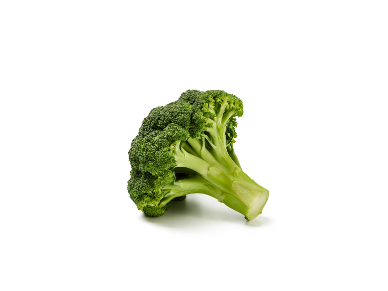 Broccolo fresco con cime verdi e gambo spesso su sfondo bianco