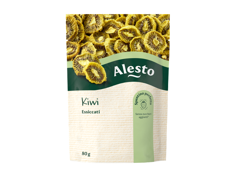 Busta di kiwi essiccati, 80g, senza zuccheri aggiunti, per uno spuntino perfetto.