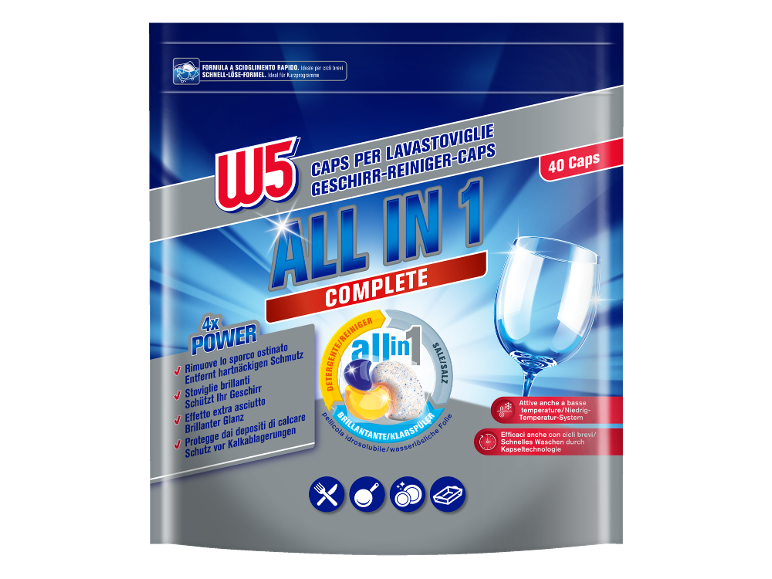 Capsule per lavastoviglie tutto in 1 con 4x potere per una pulizia completa.