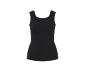 Top a costine nero con scollo rotondo.
