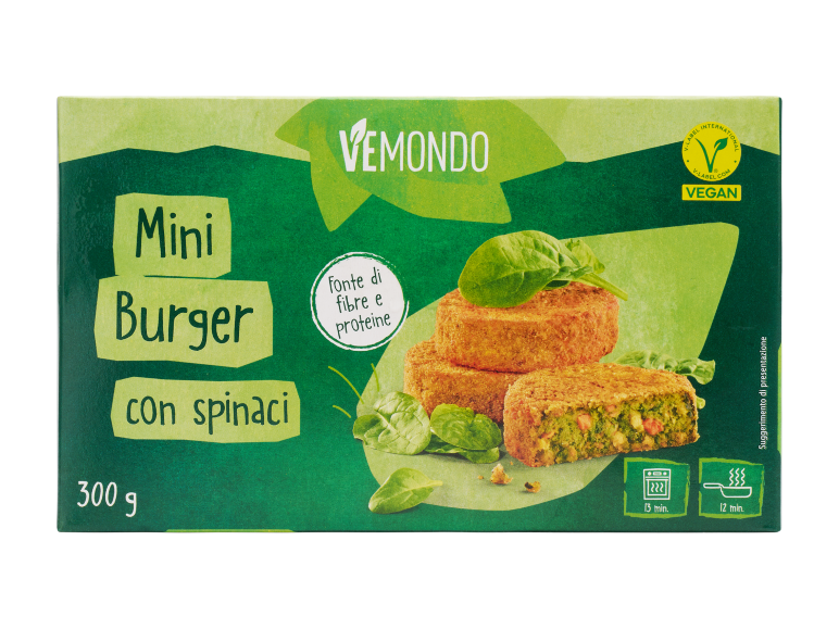 Mini burger vegani agli spinaci, fonte di fibre e proteine, 300g.