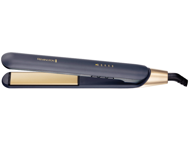 Piastra per capelli blu scuro e oro con impostazioni di temperatura visibili.