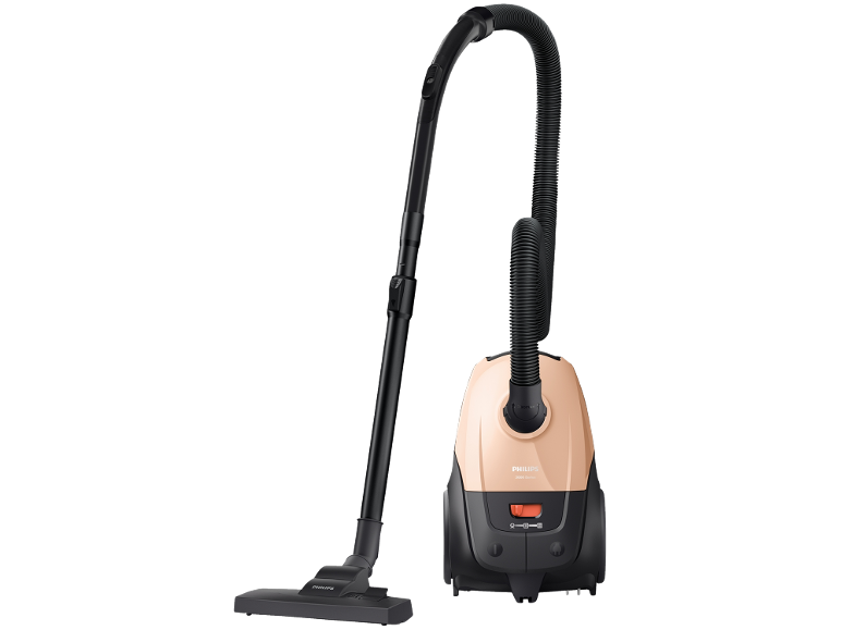 Aspirapolvere beige e nero con tubo flessibile e tubo di aspirazione.