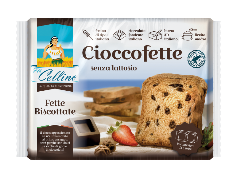 Fette biscottate con gocce di cioccolato, senza lattosio, con farina italiana e lievito madre.