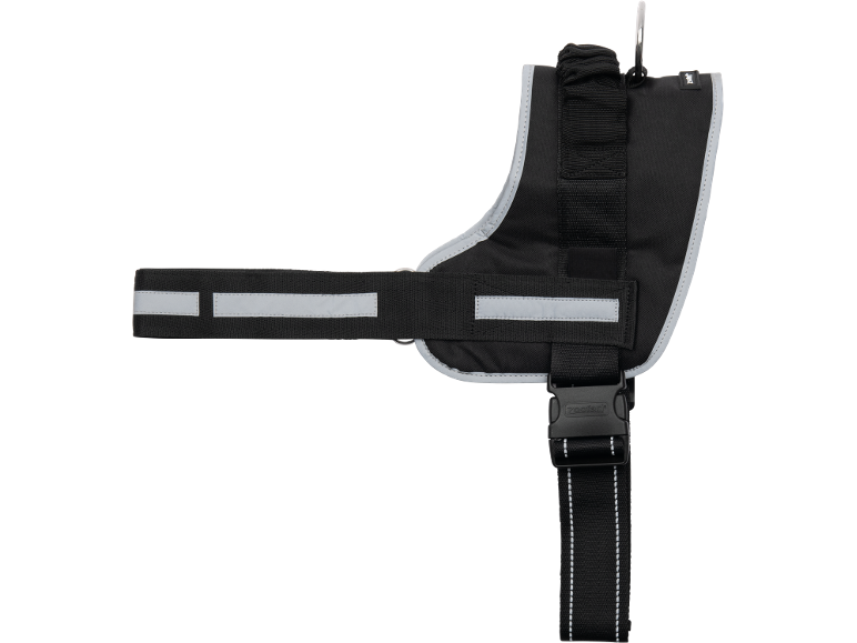 Imbracatura per cani nera con strisce riflettenti e fibbia.