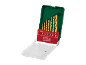 Set di punte da trapano dorate per metallo in un supporto rosso con misure da 1.5 a 8 mm, in una custodia verde aperta.