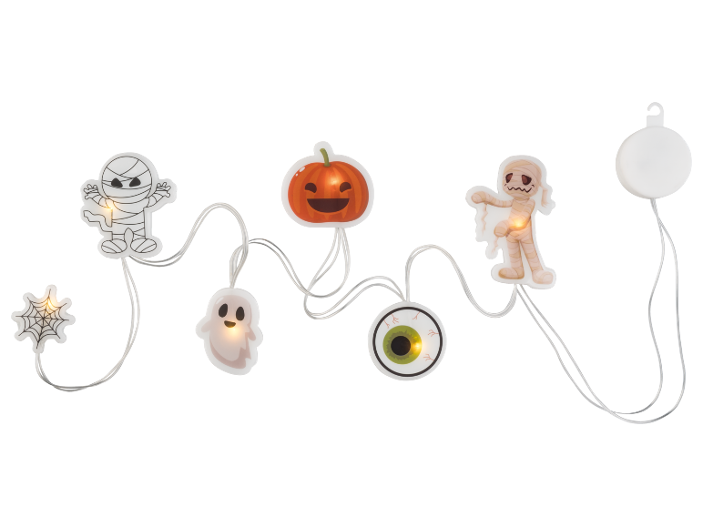 Luci di Halloween con motivi di mummia, zucca, ragnatela, fantasma e bulbo oculare.