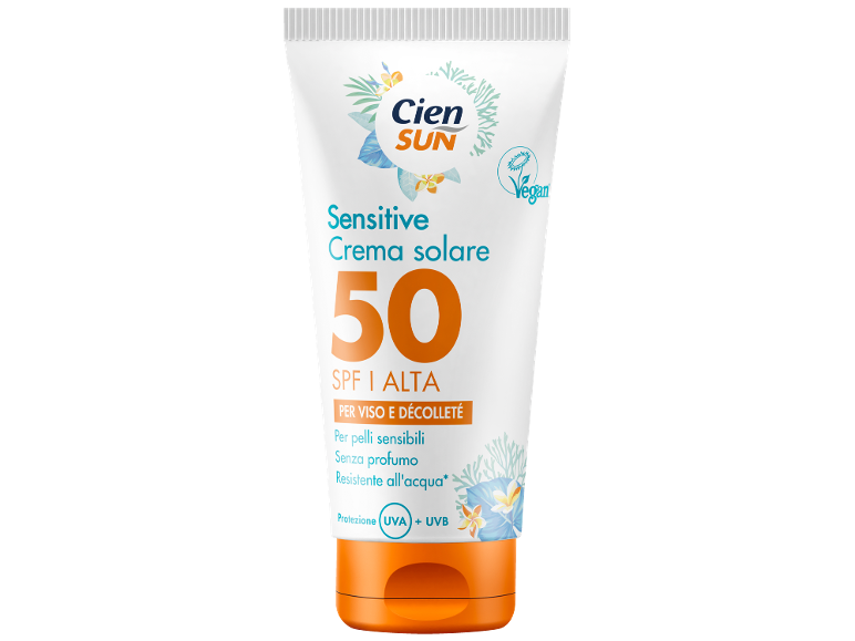 Crema solare sensibile SPF 50 per viso e décolleté, resistente all'acqua, senza profumo.