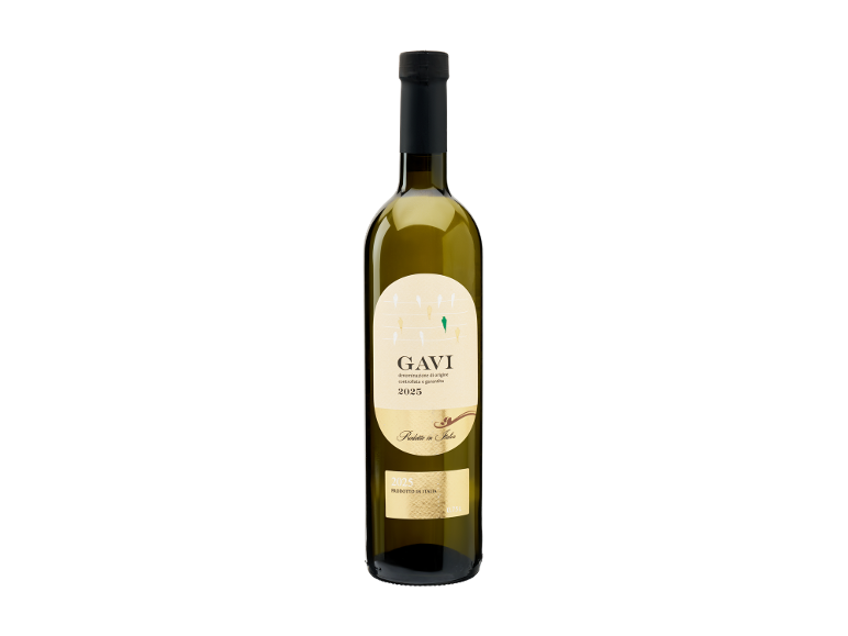 Una bottiglia di vino bianco Gavi del 2025 su sfondo nero.