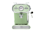 Macchina da caffè espresso verde chiaro in stile retrò con dettagli cromati e indicatore di temperatura.