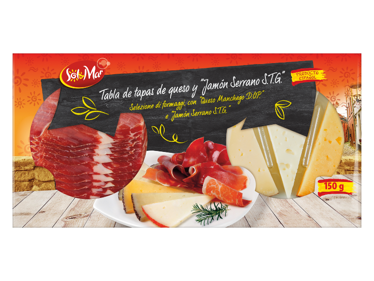 Tavola di tapas di formaggio e prosciutto serrano, con formaggio manchego e prosciutto serrano S.T.G., 150 g.