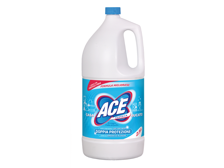 Flacone di candeggina da 2,5L con formula migliorata per casa e bucato.