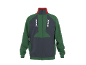 Giacca sportiva verde e grigio scuro con colletto rosso e testo bianco verticale.