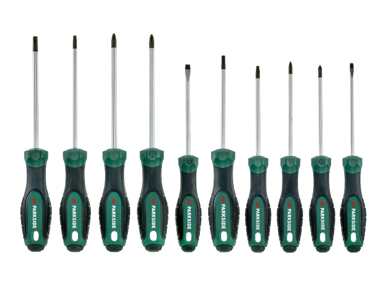 Set di 12 cacciaviti con impugnature ergonomiche verdi e nere, incluse punte piatte e a croce.