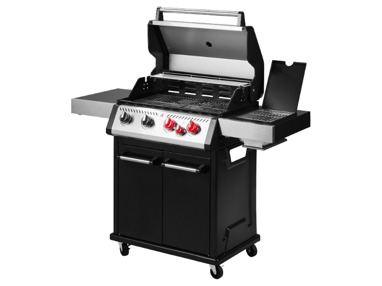 Barbecue a gas nero con coperchio aperto e manopole rosse