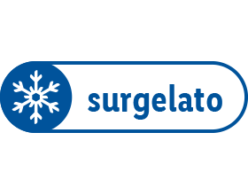 Etichetta blu con un fiocco di neve bianco e la parola 'surgelato'.