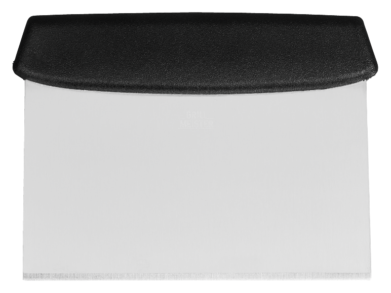 Spatola per griglia in metallo con manico nero, con la scritta 'GRILL MEISTER'.