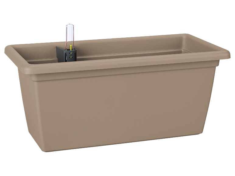 Fioriera rettangolare beige con indicatore del livello dell'acqua.
