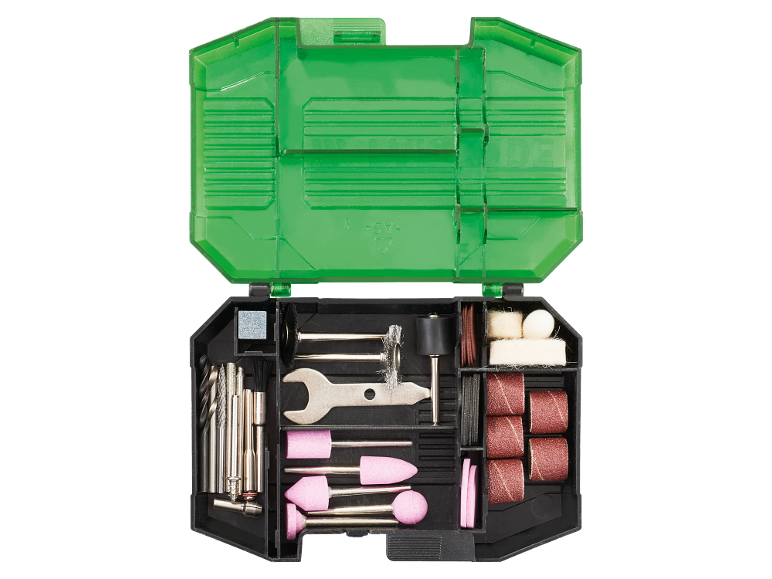 Kit accessori per utensili rotanti con punte, spazzole, pietre abrasive e nastri abrasivi in scatola verde.