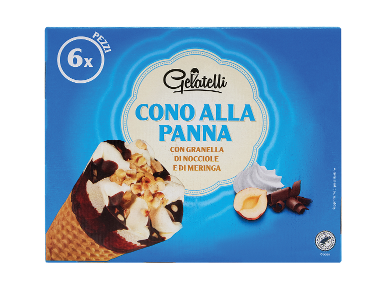 Scatola da 6 coni gelato alla panna con granella di nocciole e meringa.