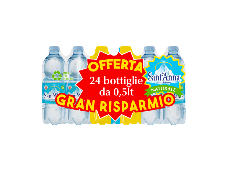 Una confezione multipla di 24 bottiglie di acqua minerale da 0,5 litri con adesivo promozionale.